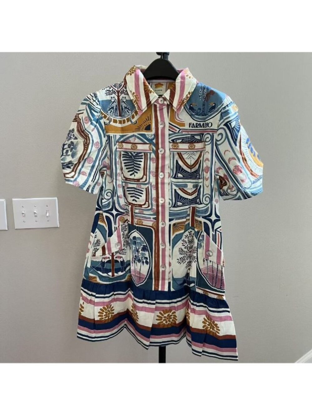 NWOT Farm Rio Linen Cerrado Stamps Short Sleeve Mini Dress Size XL Pocket - Picture 3 of 14
